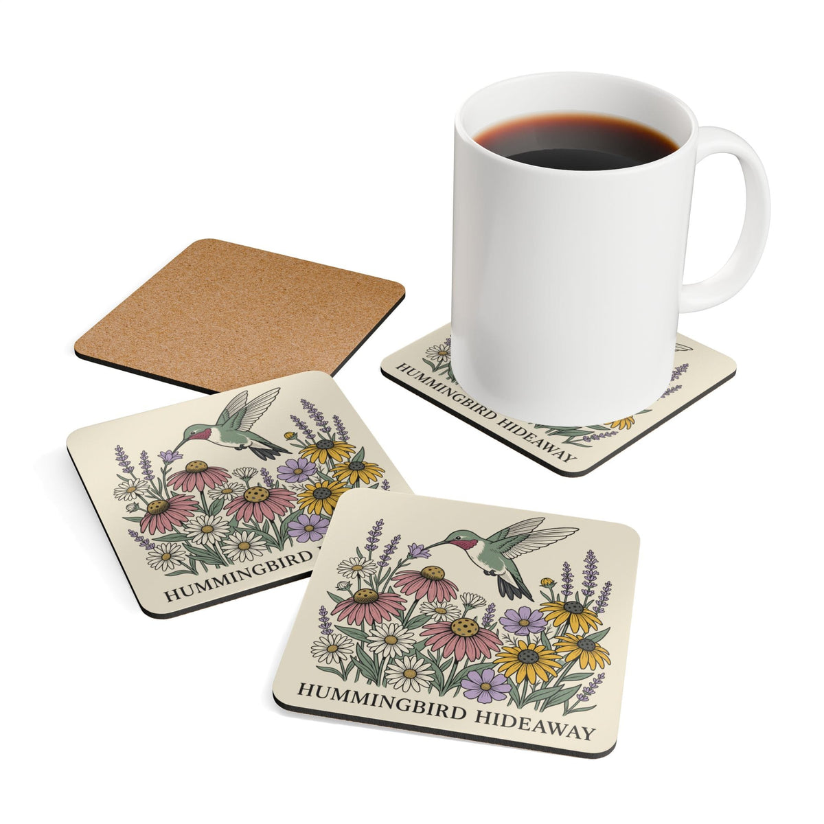 Pickleball Hummingbird Hideaway Corkwood Coaster Set