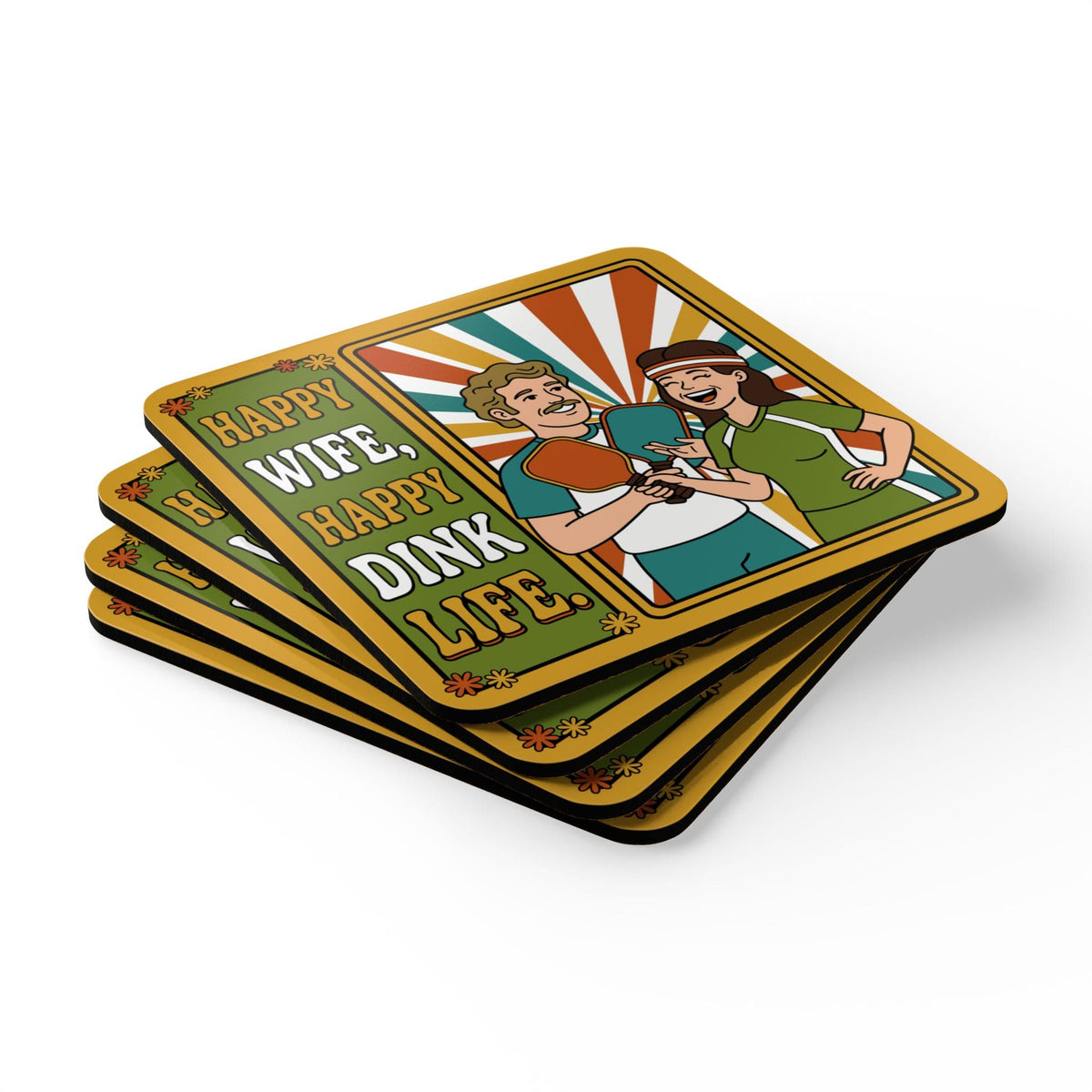Happy Wife Pickleball Happy Life Corkwood Coaster Set