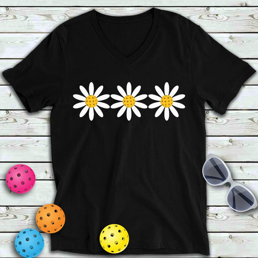 Triple Daisy Floral Pickleball  V-Neck Tee