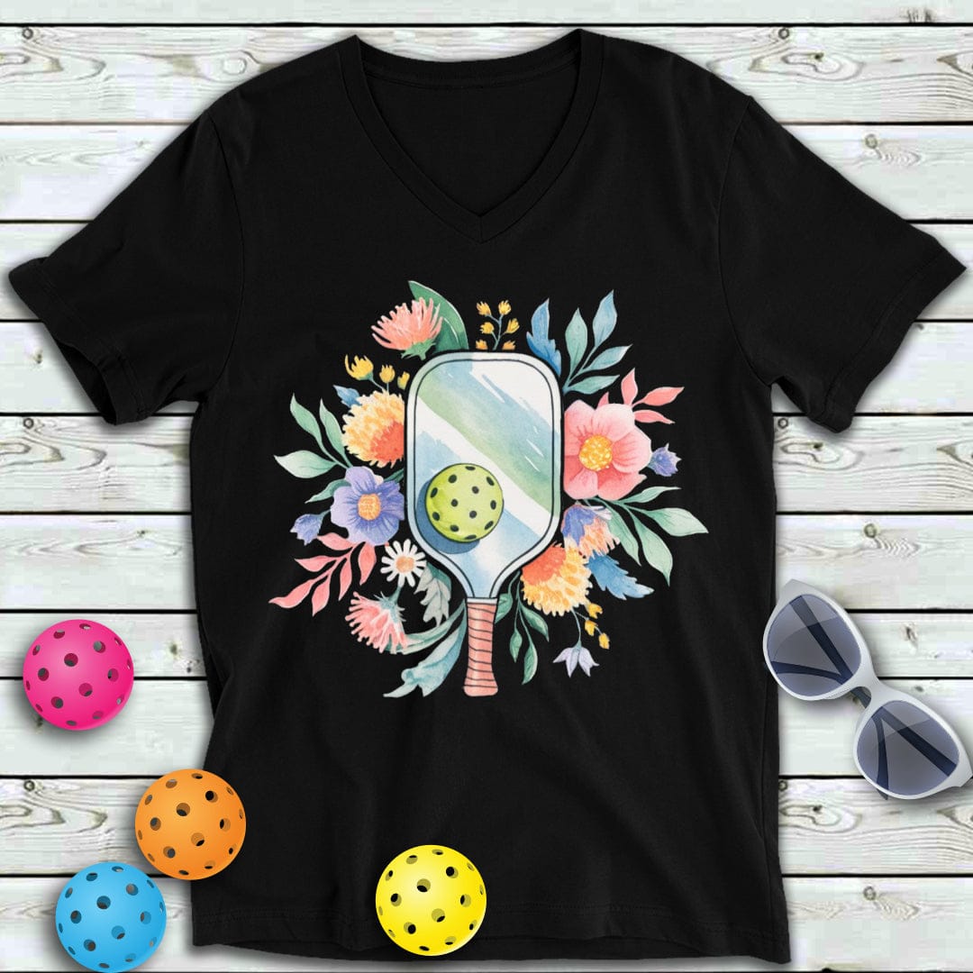 Watercolor Floral Pickleball  V-Neck Tee