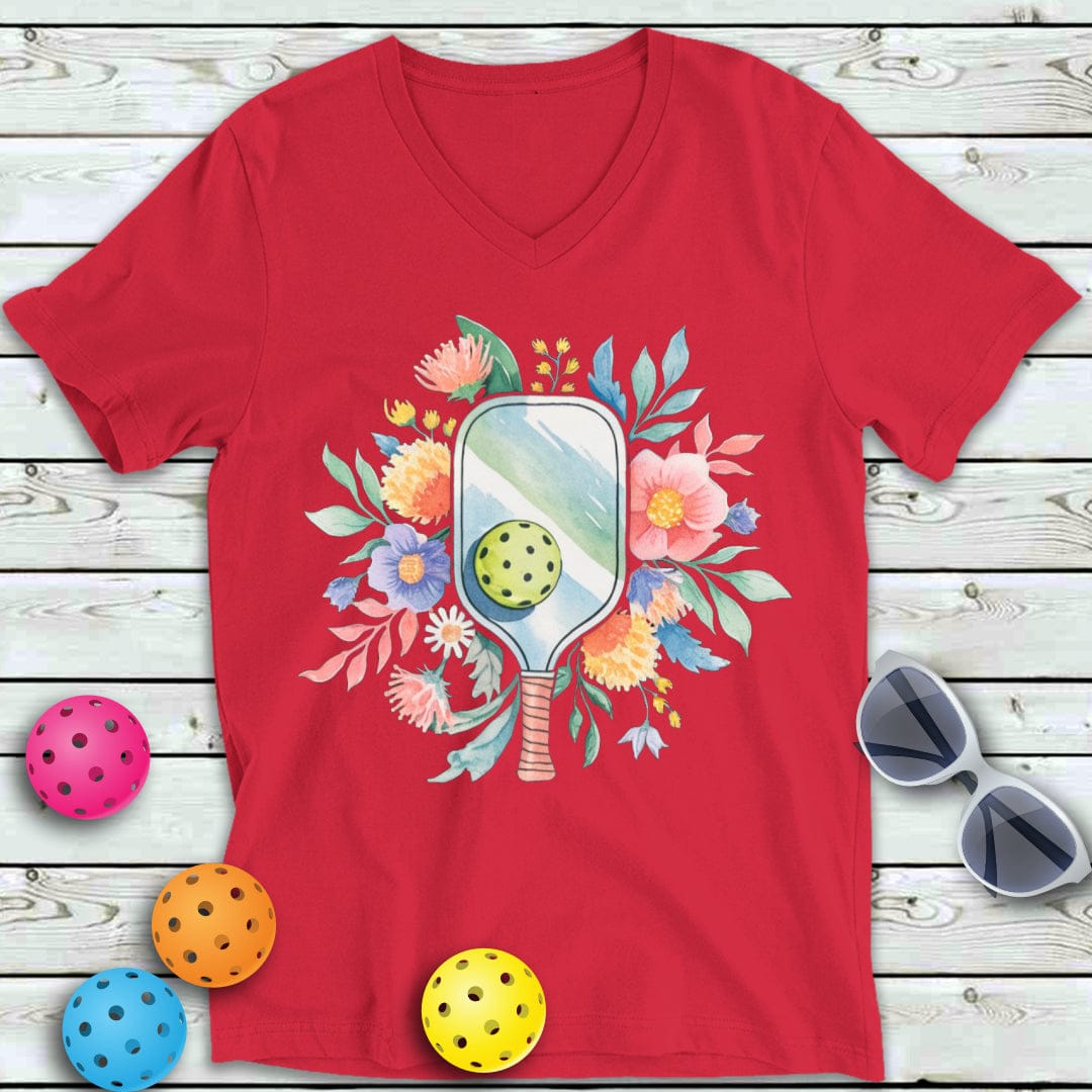 Watercolor Floral Pickleball  V-Neck Tee