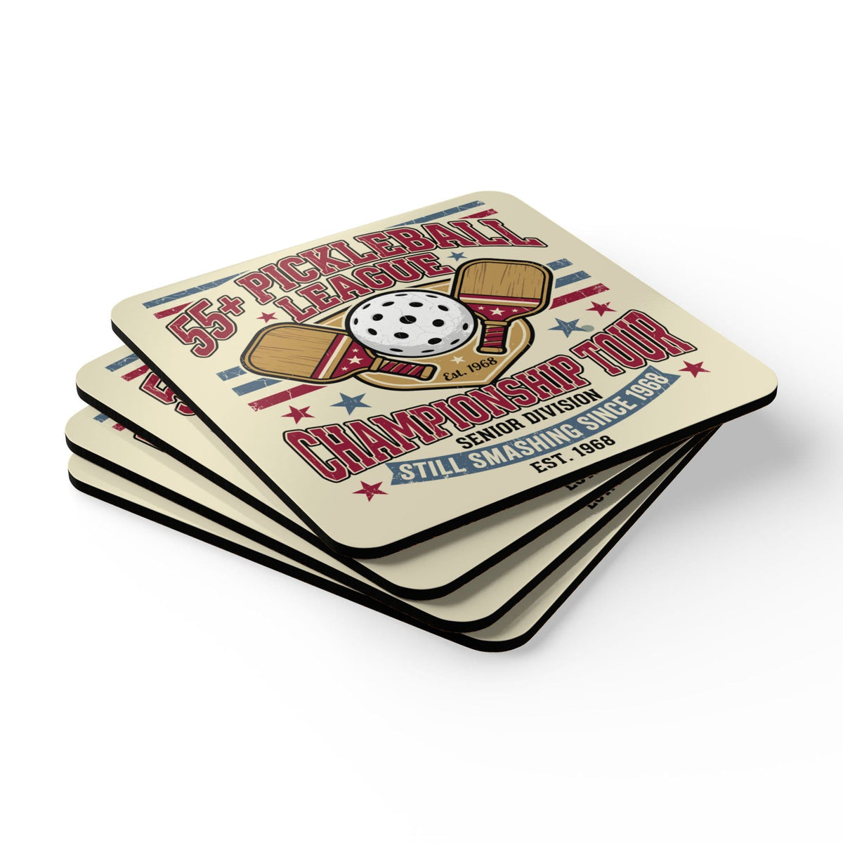 55 Plus Pickleball League 1968 Corkwood Coaster Set