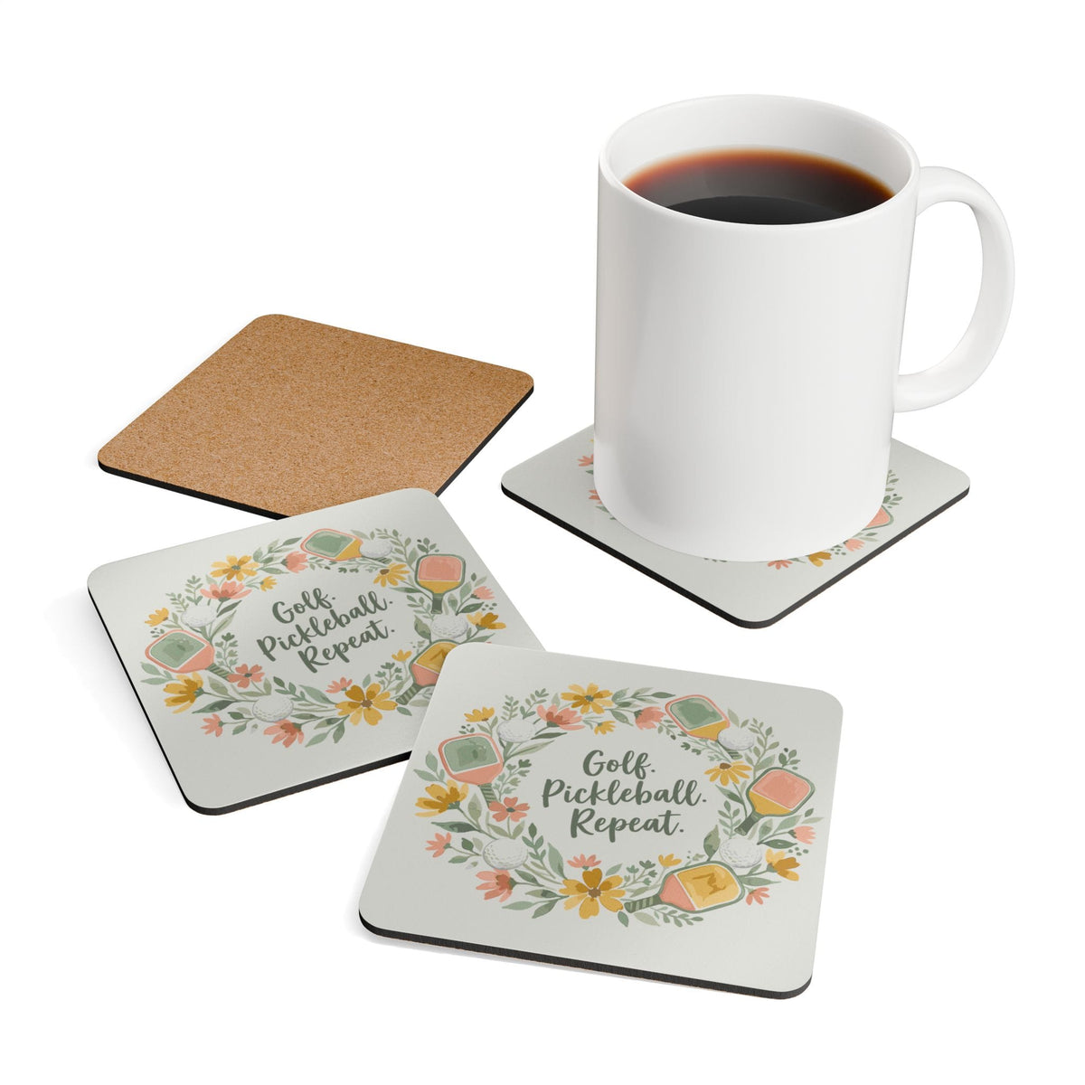 Golf Pickleball Floral Wreath Corkwood Coaster Set