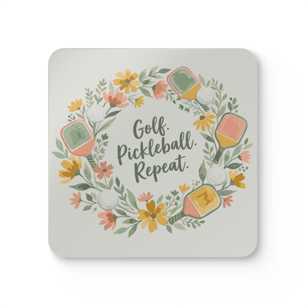 Golf Pickleball Floral Wreath Corkwood Coaster Set