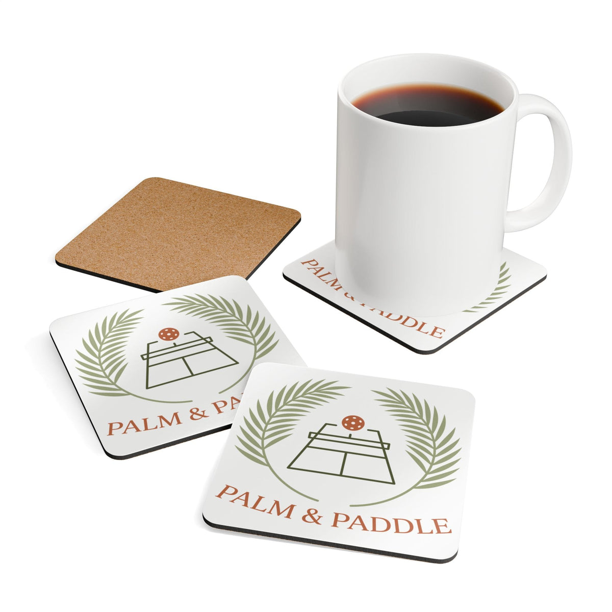Pickleball Palm And Paddle Corkwood Coaster Set