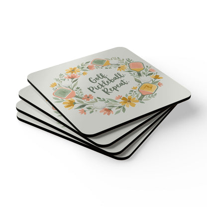 Golf Pickleball Floral Wreath Corkwood Coaster Set