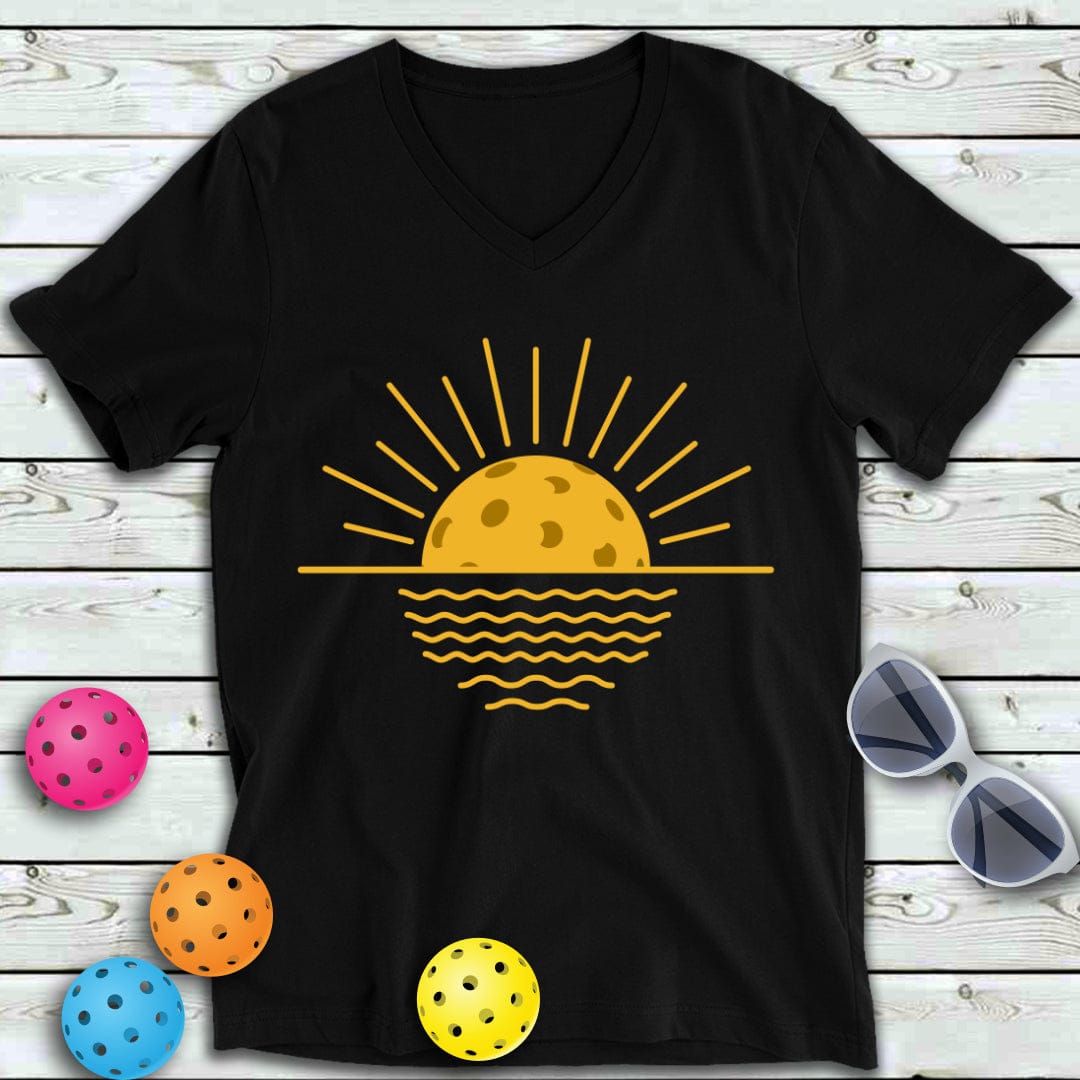 Pickleball Sunset Over Water V-Neck Tee