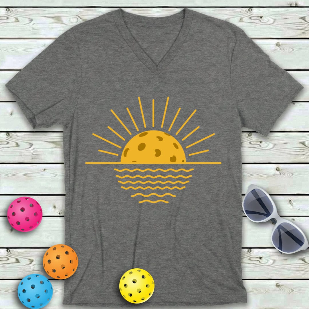 Pickleball Sunset Over Water V-Neck Tee