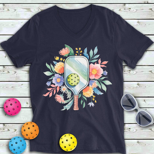 Watercolor Floral Pickleball  V-Neck Tee