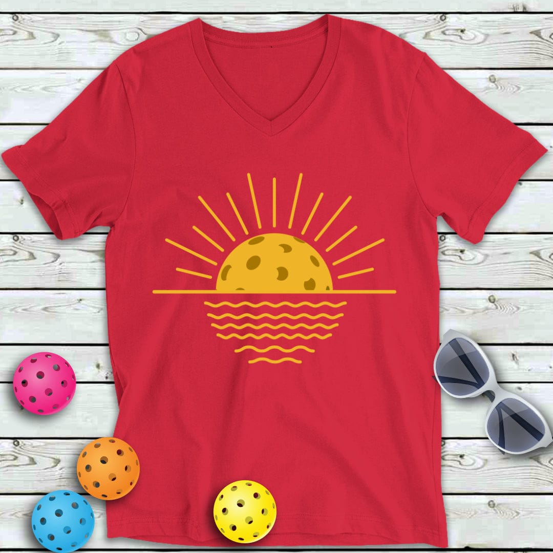 Pickleball Sunset Over Water V-Neck Tee